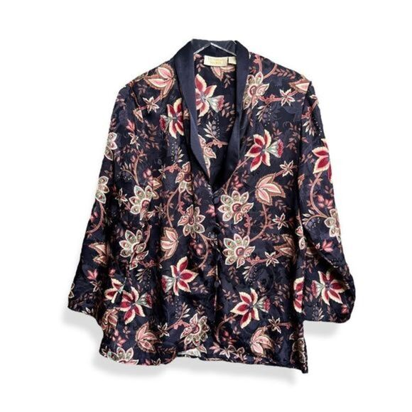 Vintage Victoria’s Secret pajama top Jacket vintage floral silk blue S - Picture 1 of 11